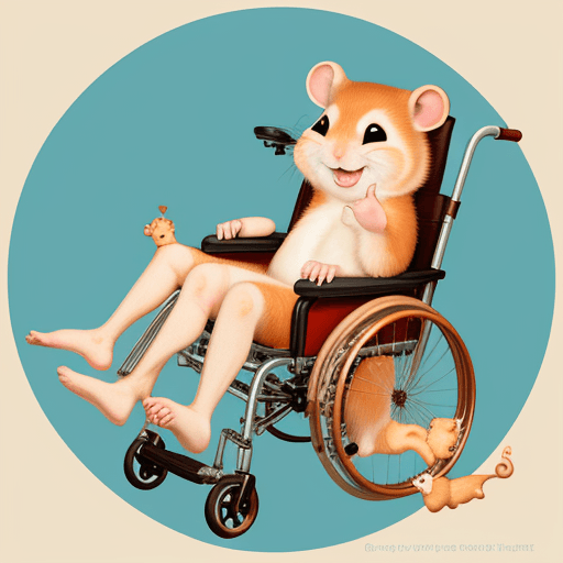 AI generated: ginger hamster in a wheel chair, its leg is raised and in a cast. it is smiling and waving.
warm lig...
