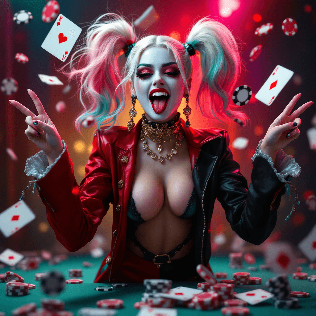 AI generated: Photo-realistic fictional character Harley Quinn dressed as a chic elegant fashion model in a glamor...