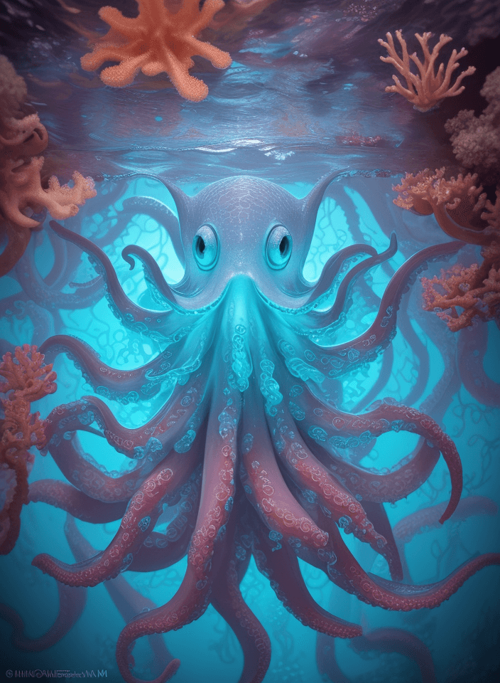 AI generated: Raw, masterpiece, perfectly centered, symmetrical, under water macro shot of a glowing octopus, cora...