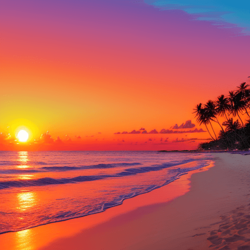 AI generated: A serene tropical beach at sunset, golden sand stretching into the distance, vibrant orange and pink...