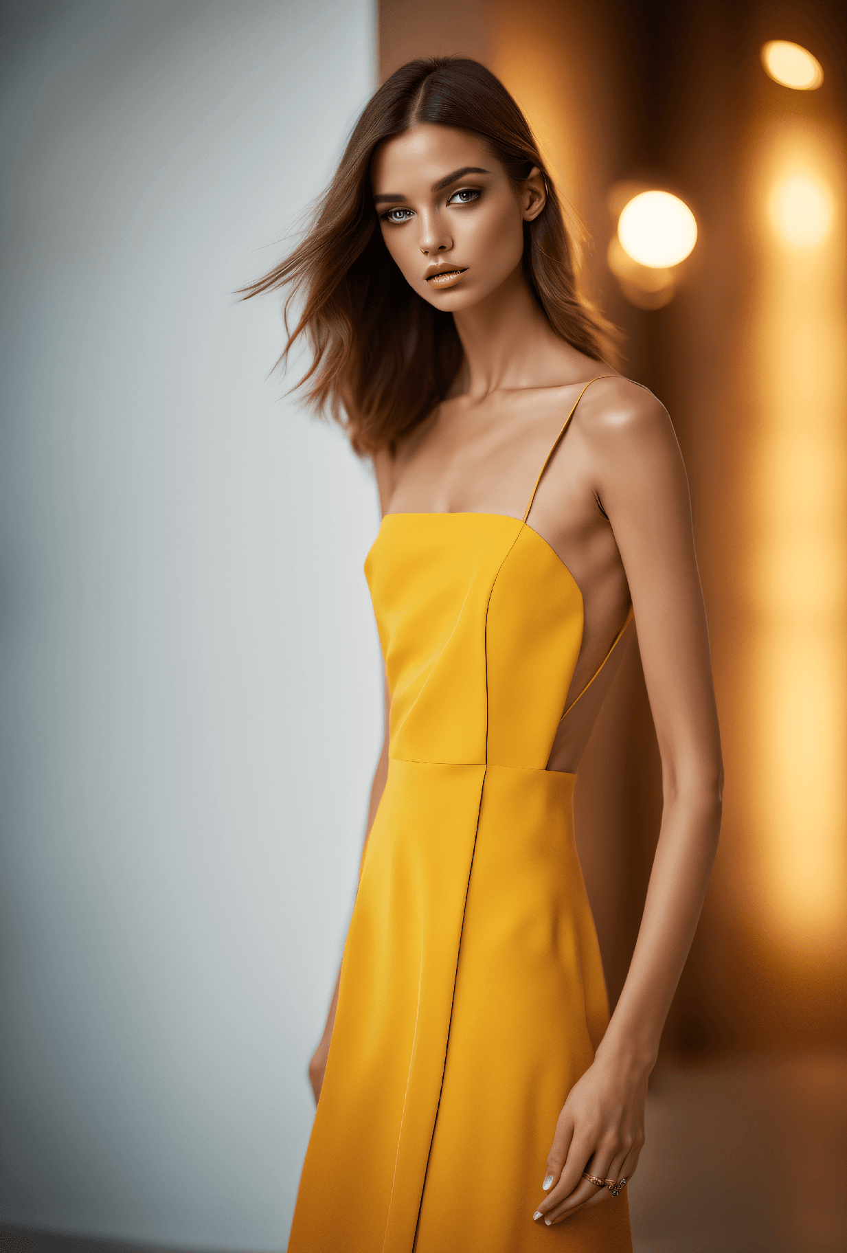 AI generated: Fashion editorial style pictorialist style photo of young woman, very thin, small breasts, abs, supe...