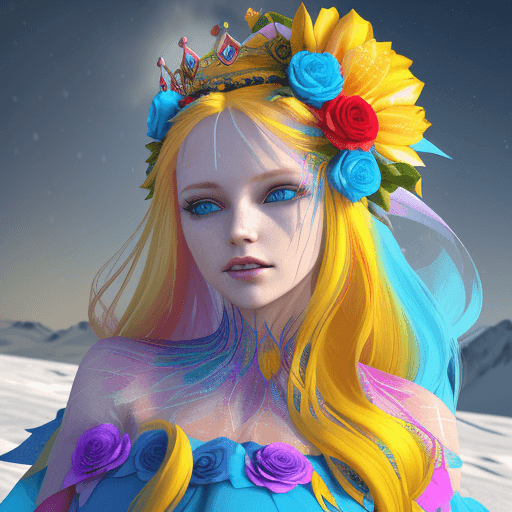 AI generated: Trendy woman wearing a colorful dress fanned from the bottom in the ice and snow area with colorful ...