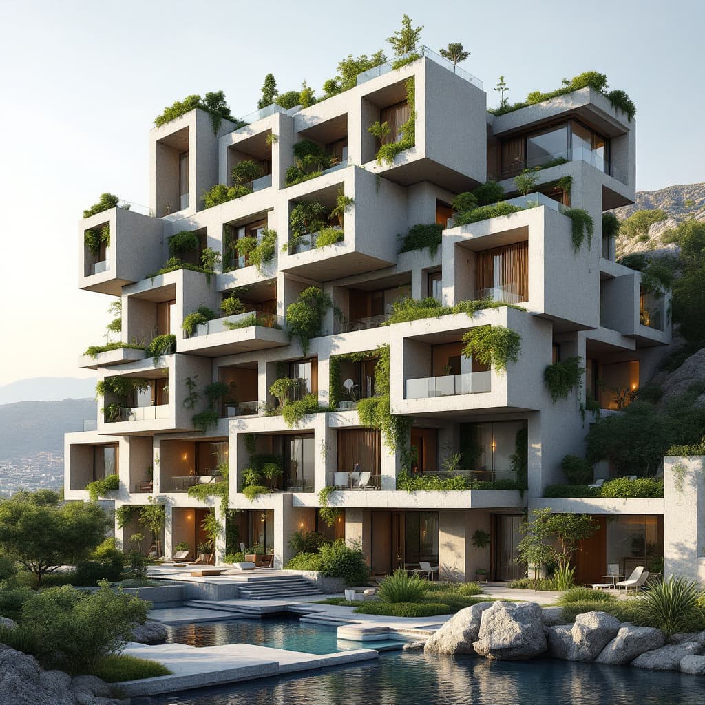 AI generated: An athenian block of buildings in Greece where there are vertical and horizontal concrete boxes that...