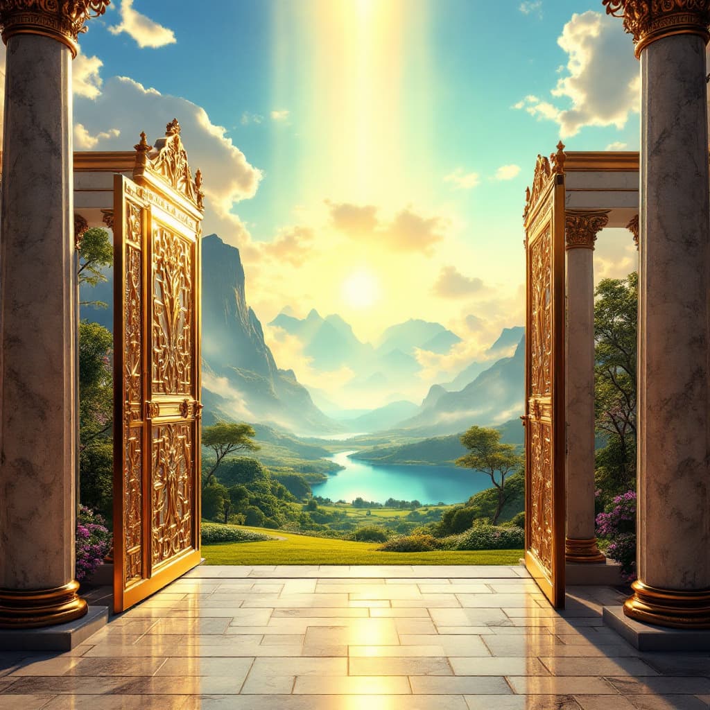 AI generated: A majestic golden gate opening to a heavenly landscape, bathed in divine sunlight. Ancient marble co...