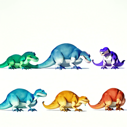 AI generated: 8 different pictures of friendly dinosaurs on a white background