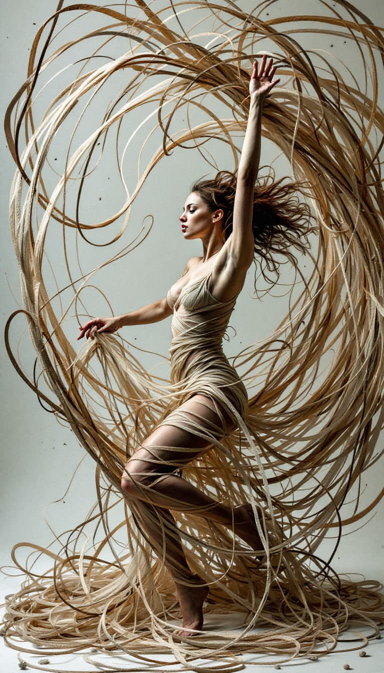 AI generated: A dynamic, full-body image of a woman manipulating a giant, sentient thread, her movements creating ...