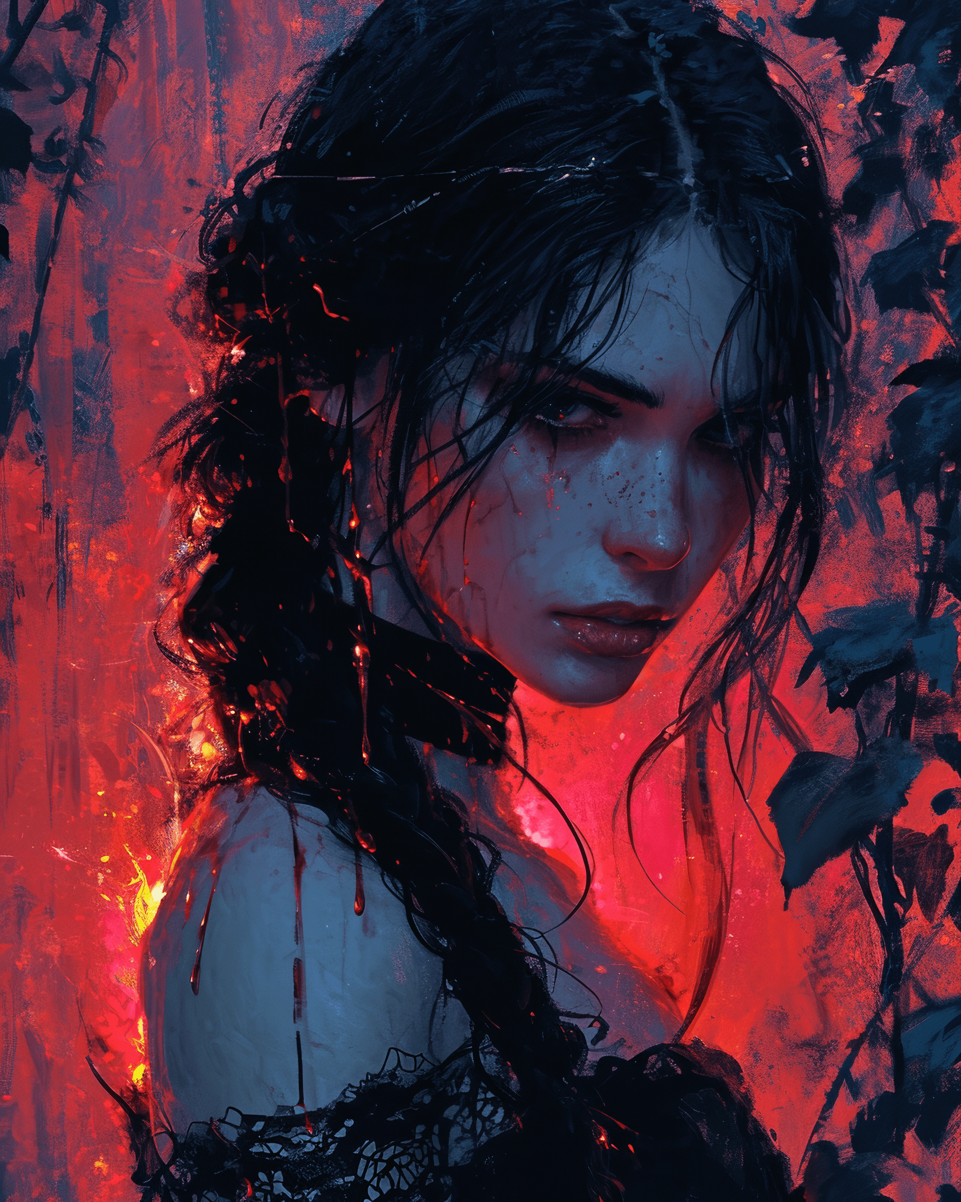 AI generated: Girl in high-cut dress, black veins, dripping oil, predatory plants, ivy, girl's face, gloomy, red s...