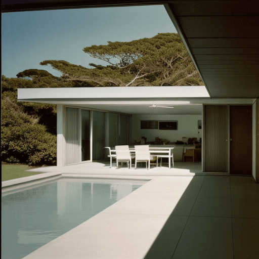 AI generated: Hyper realistic eye level exterior photo of a mid century modern style house overlooking the ocean, ...
