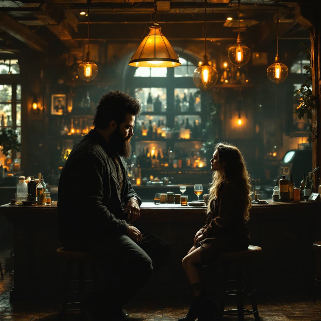 AI generated: A towering man and woman, each 5 meters tall, sit casually in a cozy, dimly lit bar with rustic wood...