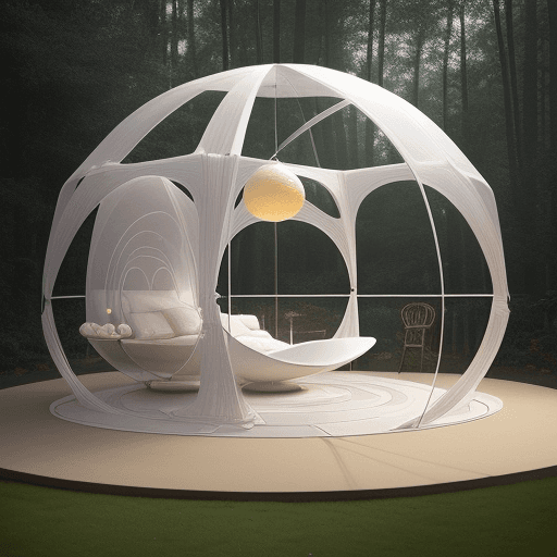 AI generated: "Behold a marvel of design—an egg-shaped tent structure that emanates an ethereal glow, inviting you...