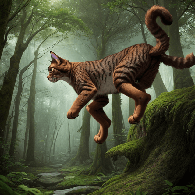 AI generated: side view of a nice, wise, giant brown cat jumping in a prehistoric forest, looking down, side view,...