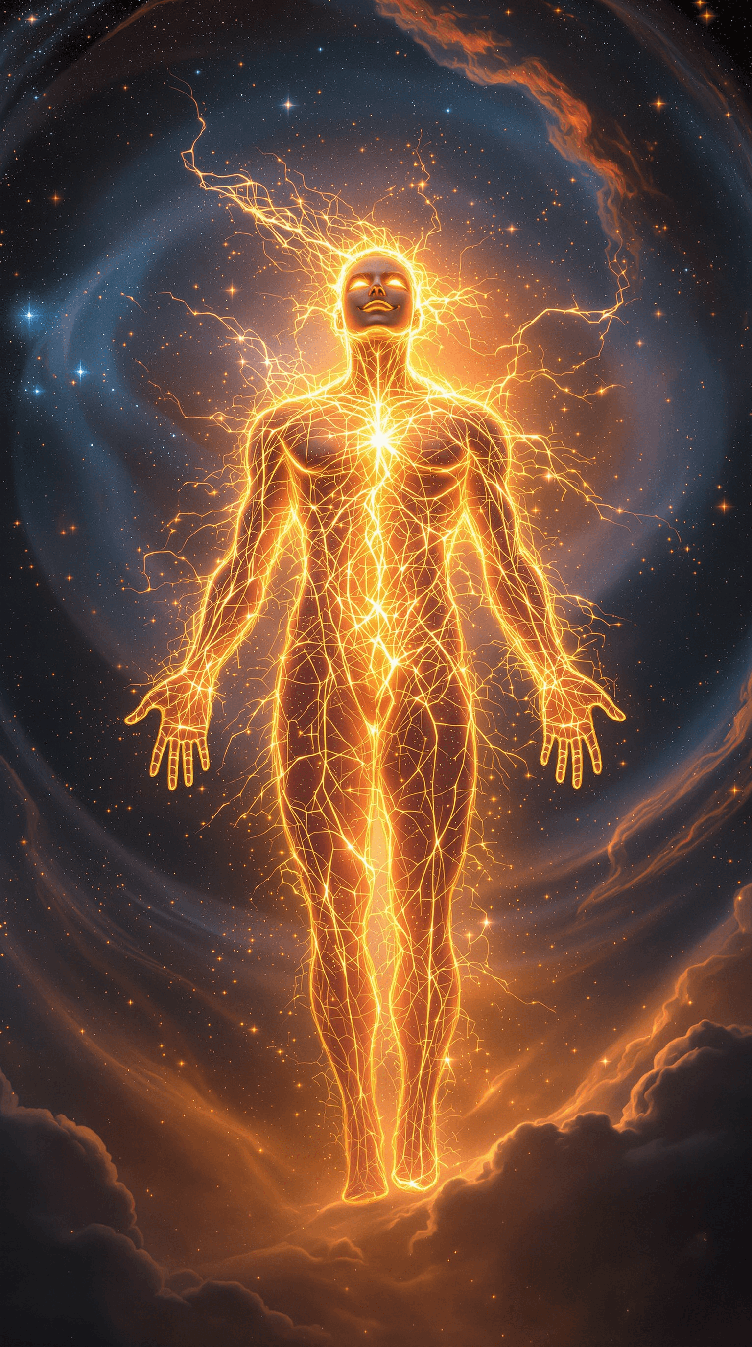 AI generated: "A radiant figure stands illuminated against a vast, ethereal void, their body glowing with an incan...