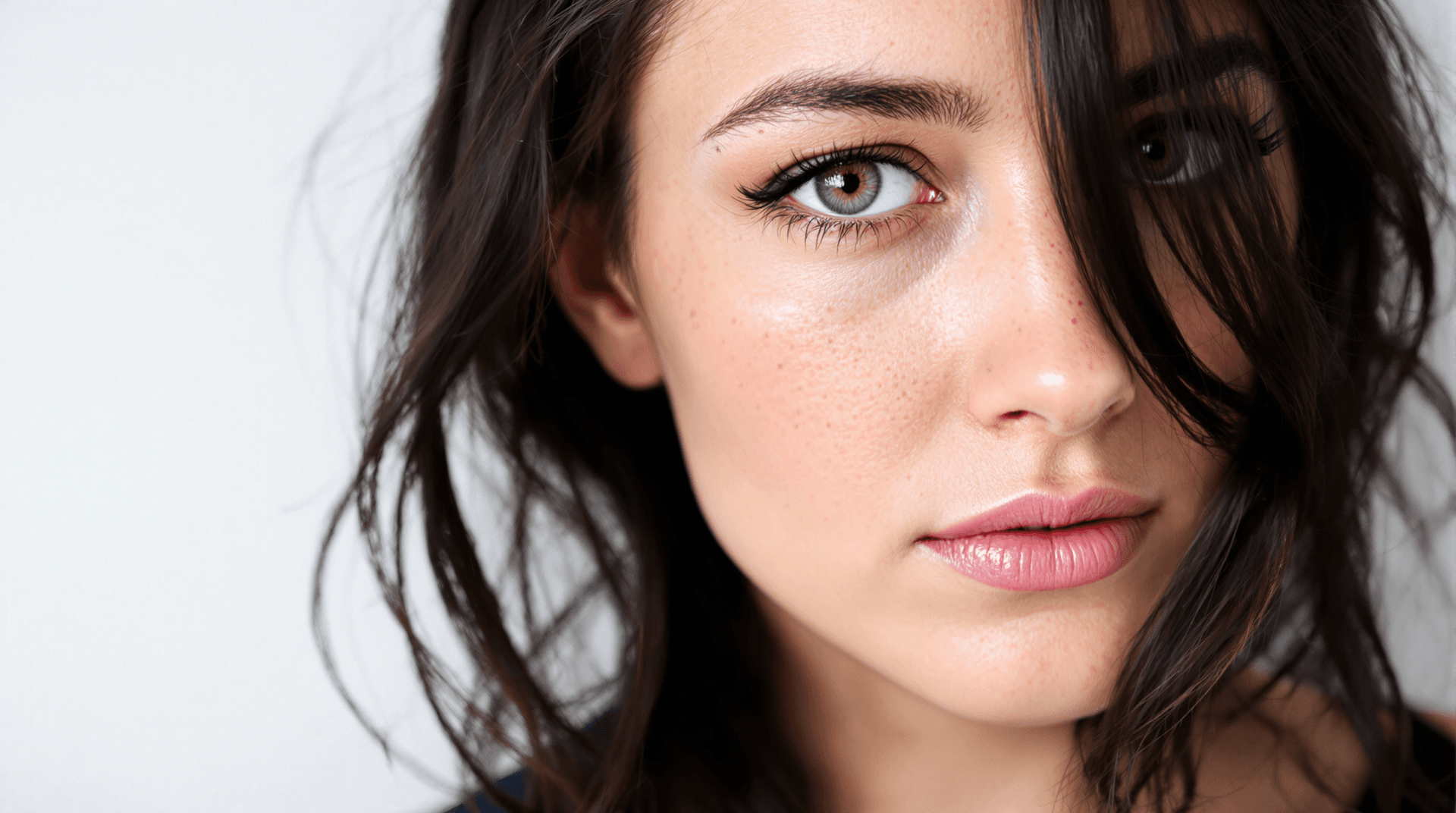 AI generated: Close-up portrait of a woman with green eyes, light freckles, and dark hair styled in loose tendrils...