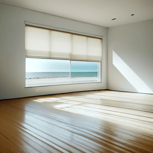 AI generated: Image of a completely empty room with a wood floor leading away from the viewer towards a open wide ...