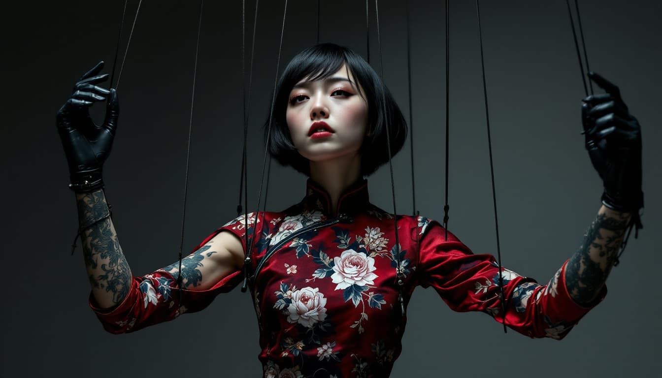 AI generated: Female figure, Asian, young adult, suspended by strings like a full-body puppet and floating. Detail...
