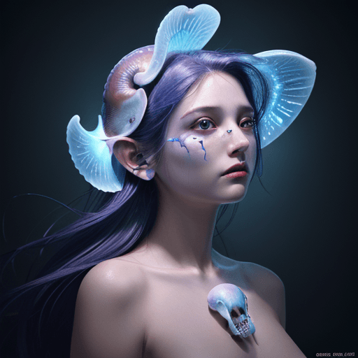 AI generated: Goddess close-up portrait ribcagel. jellyfish phoenix head, nautilus, orchid, skull, betta fish, bio...