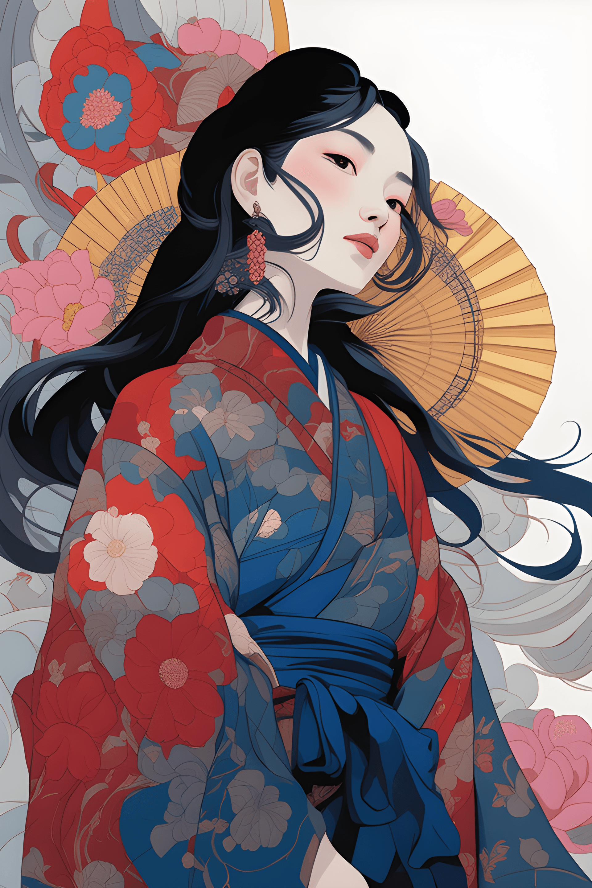 AI generated: a close up of a woman in a kimono with a fan, a beautiful artwork illustration, korean art nouveau a...