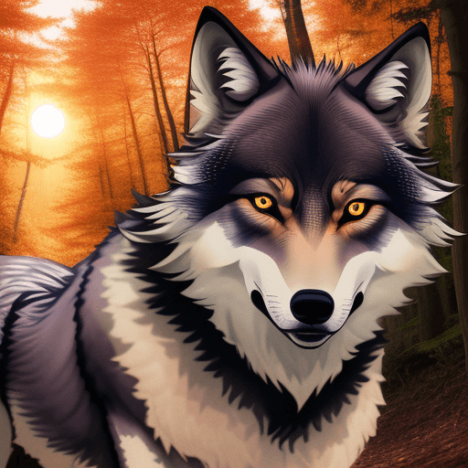AI generated: ein junger wolf, verirrt im wald, sonnenaufgang, sieht mit süßen augen in die kamera, manga style, 