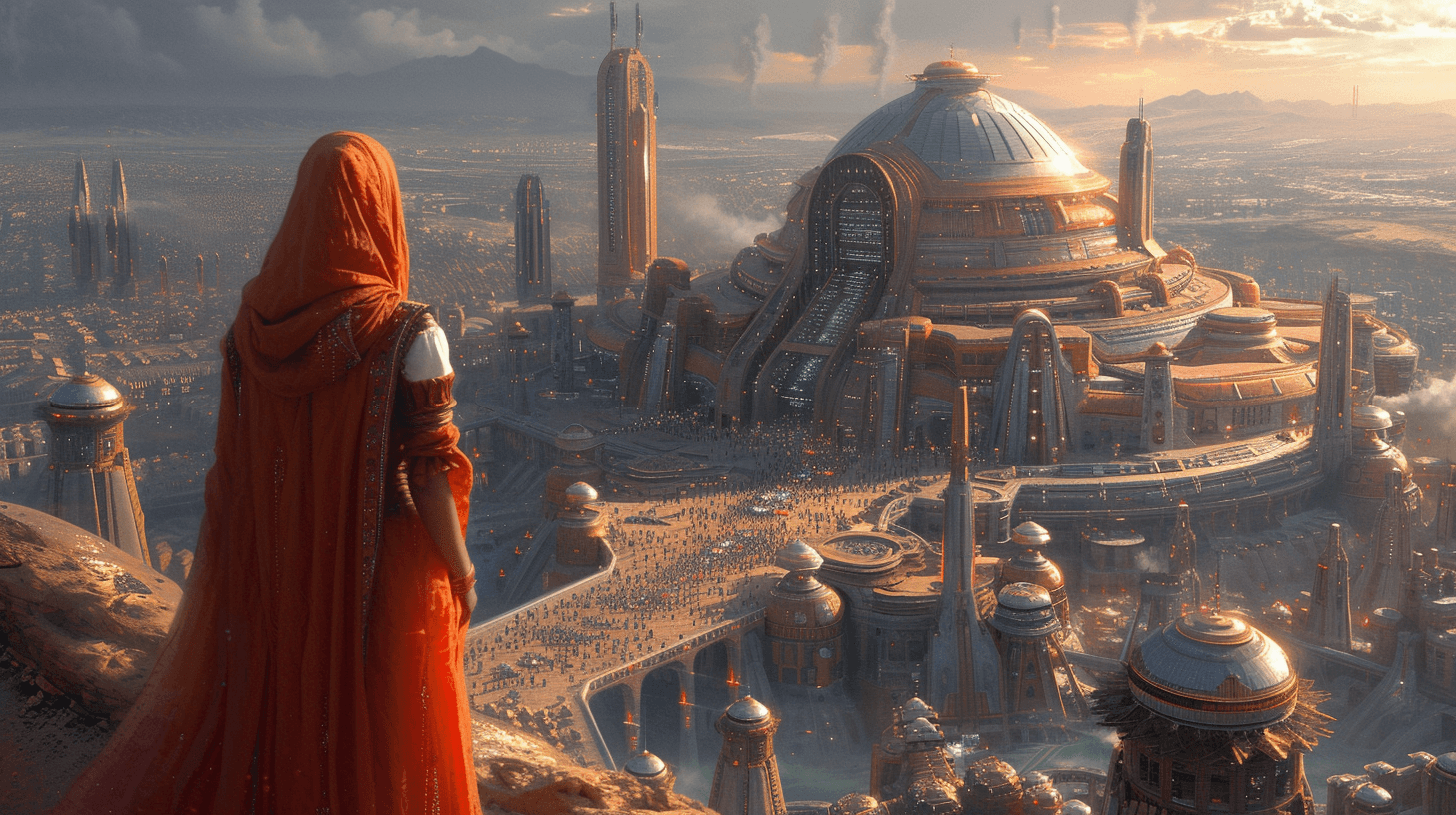 AI generated: a futuristic colony on Mars, a big city build in Arcology style, Busy traffic of futuristic ground a...