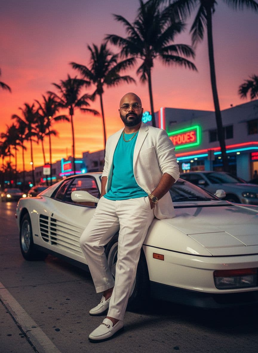 AI generated: Subject: A charismatic late-20s man. Clothing: WHITES linen blazer (sleeves rolled up), turquoise t-...