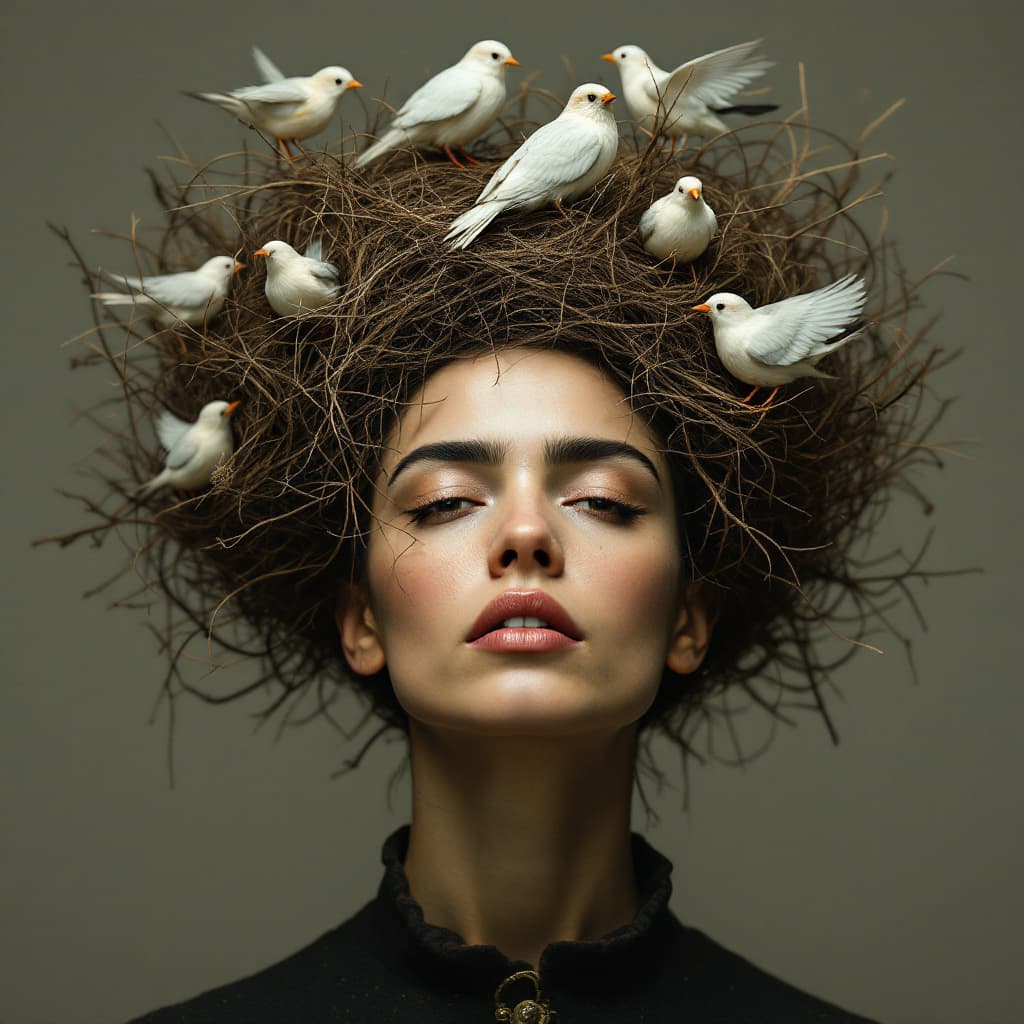 AI generated: A surreal portrait of a woman with a birds nest for hair. The style is inspired by the works of Frid...