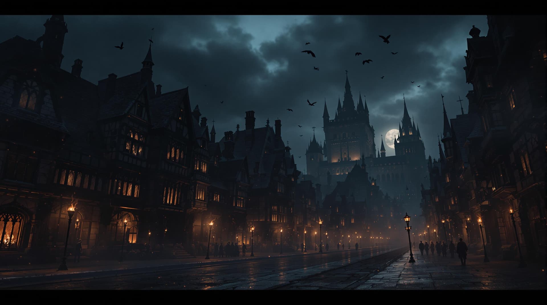 AI generated: a medieval fantasy scene with a wide-angle perspective, showcasing a dark and moody atmosphere. The ...