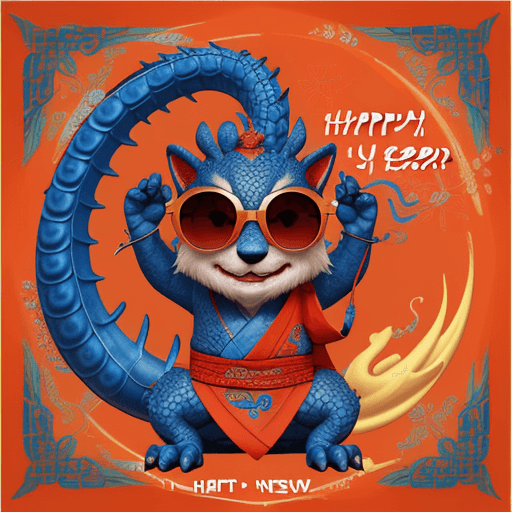 AI generated: a blue dragon with sunglasses and korean cloth, light orange and red, write text: "2024 Happy new ye...