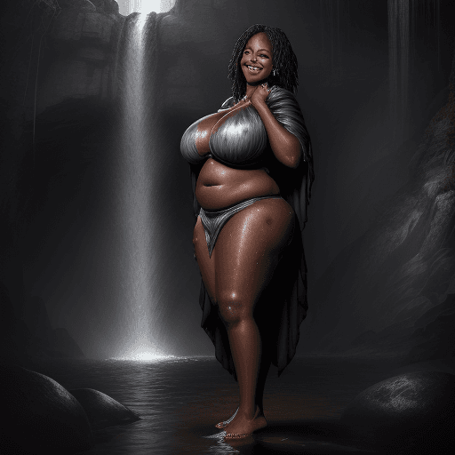 AI generated: dark dungeon, dark background, dramatic light, waterfall, sky dark, backlight, rim lighting, (chubby...