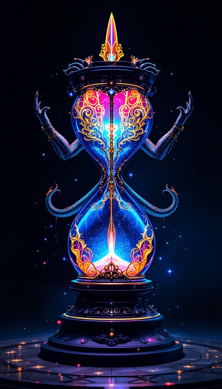 AI generated: A (Unique Masterpiece) 'hourglass' monument with 4 arms, the monument has two giant hydras coiled on...