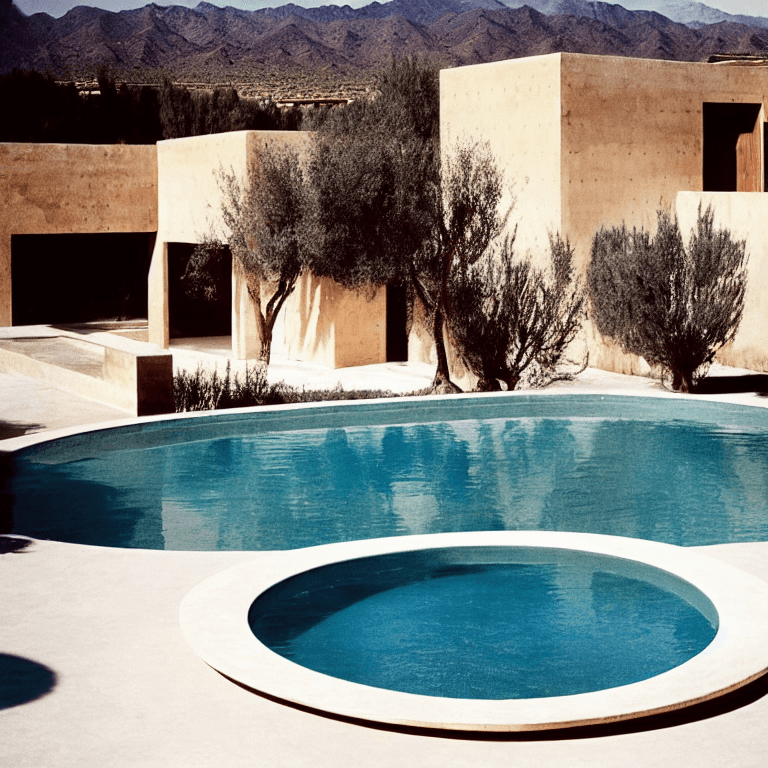 AI generated: a large flat seamless round swimming pool within a round courtyard of a modern brutalist house in Ma...