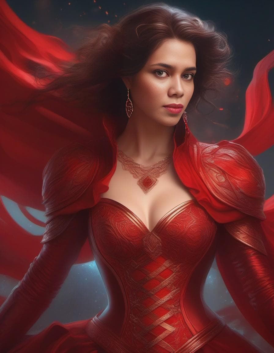 AI generated: arafed woman in a red corset and a red dress, karol bak uhd, alena aenami and artgerm, fantasy woman...