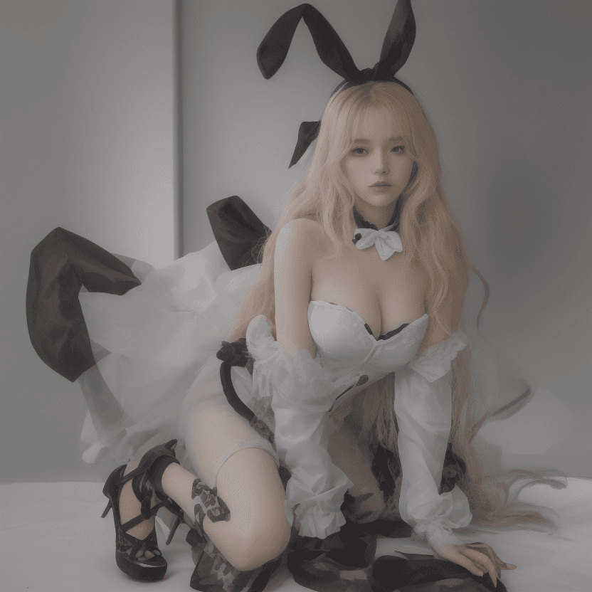 AI generated: a woman dressed as a Bunny. The woman is kneeling on the floor, facing the camera, with her head til...