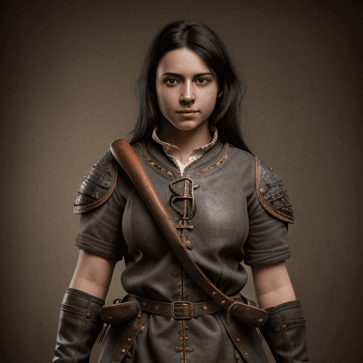 AI generated: blunderbuss, medieval, engineer, leather jerkin, Women, black hair, gray eyes, character art, intric...