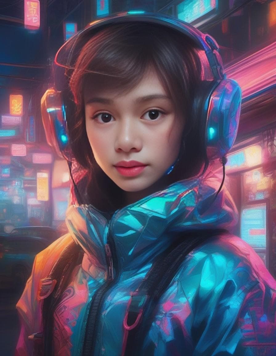 AI generated: kawaii style {style Detailed body painting beautiful neon operator tanned woman, cyberpunk futuristi...