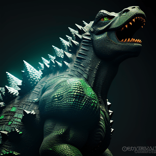AI generated: a close up of Godzilla (made from a many cristal fragmrnts:1. 2), (crystal cubism:1. 2), with green ...
