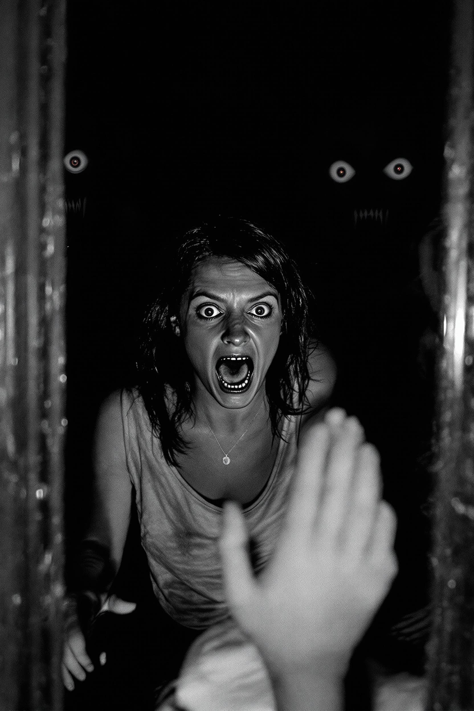 AI generated: A woman gazes into a mirror, her eyes widening in terror as she confronts a chilling reflection. In ...