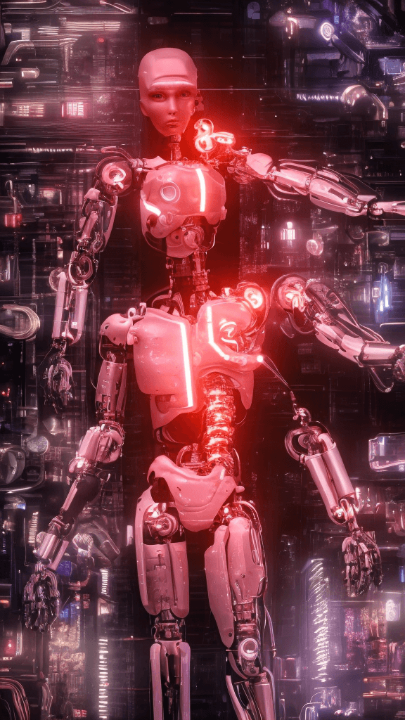 AI generated: a cyborg human made from robotic parts, a blend of human skin and mechanical components, illuminated...
