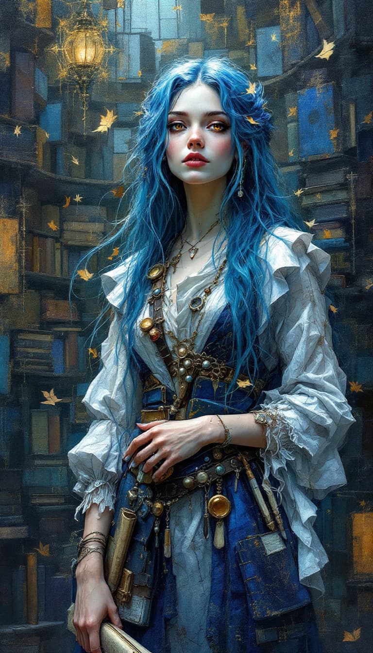 AI generated: "Lapis Lorekeeper in a Whispering Library": A compelling abstract painting presents a lorekeeper, wi...
