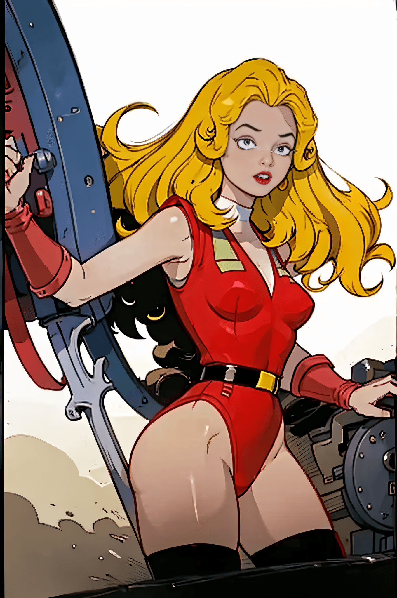 AI generated: 1girl, blonde hair, Adora, rating:safe, solo, red leotard, leotard, belt, long hair, breasts, medium...
