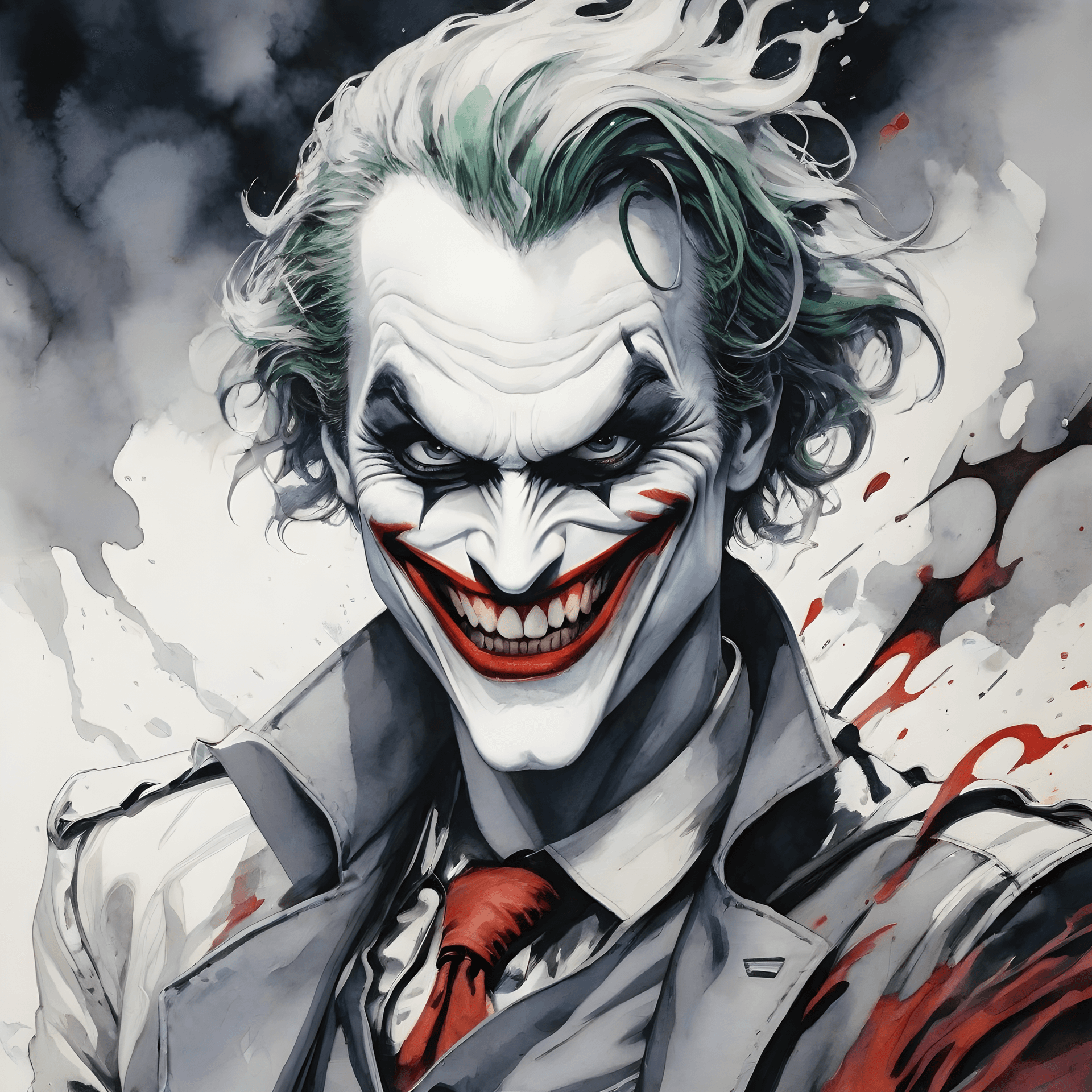 AI generated: maniac Joker, Illustration, ink and watercolor techniques, contemporary era, primarily grayscale wit...