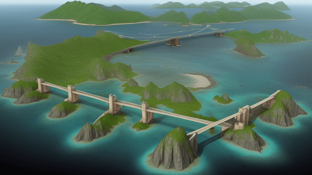 AI generated: image of one island with 8 bridges going from that one island to other land
