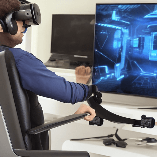 AI generated: gamer sitting on virtual reality chair device plugged into a whole of gaming consoles and machines, ...