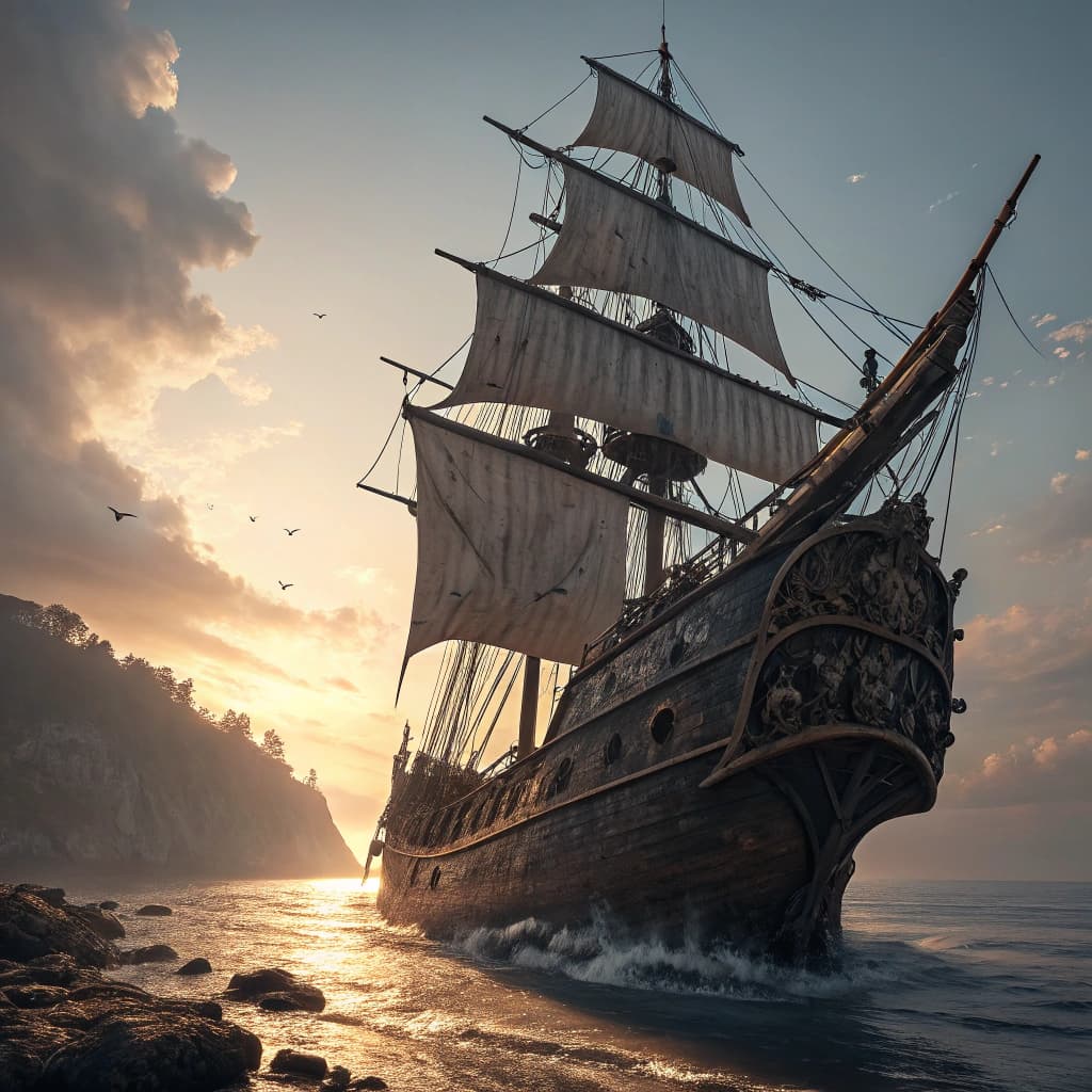 AI generated: Photo of a ultra realistic sailing ship, dramatic light, pale sunrise, cinematic lighting, battered,...