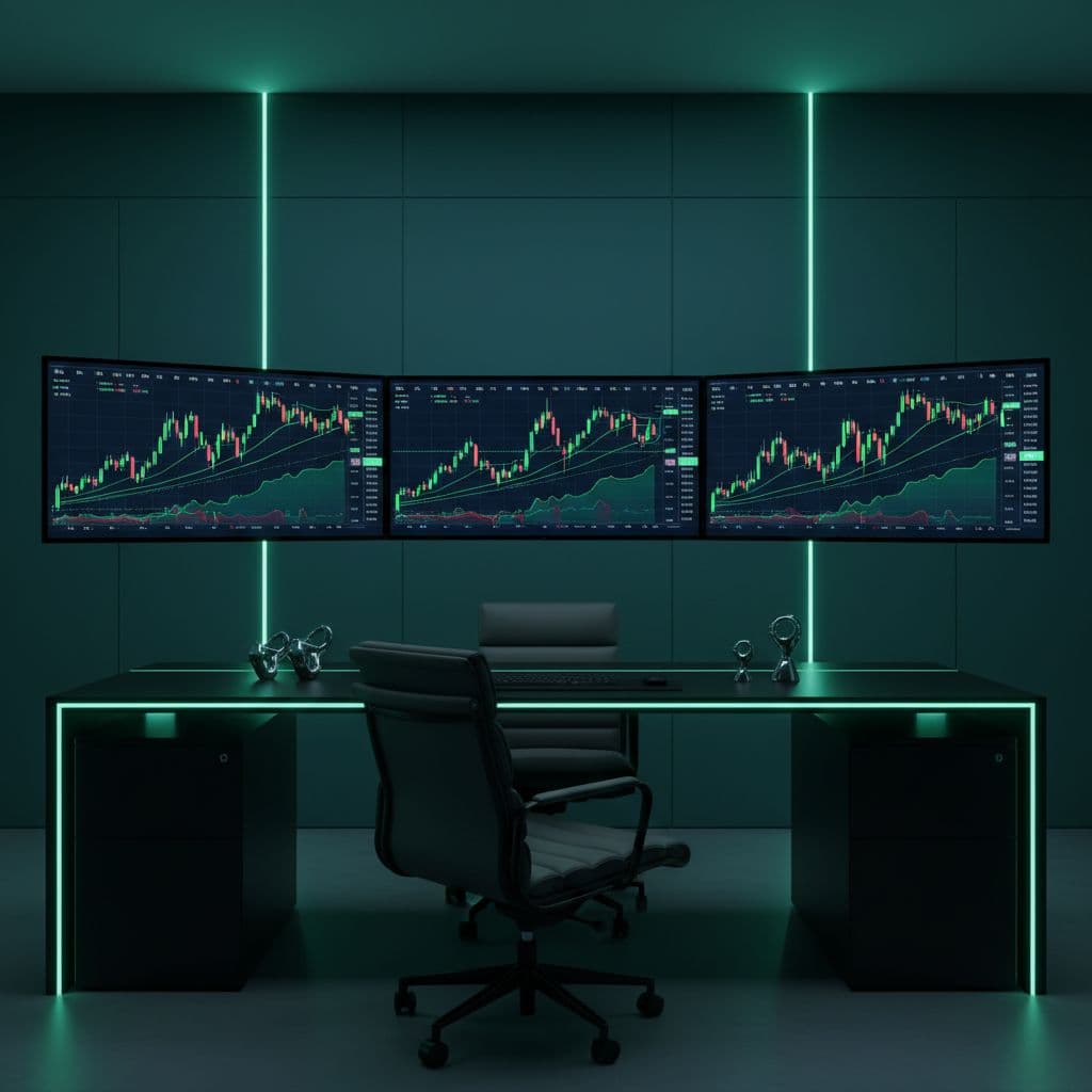 AI generated: Professional trading office simple background, modern interior with large screens showing stock char...