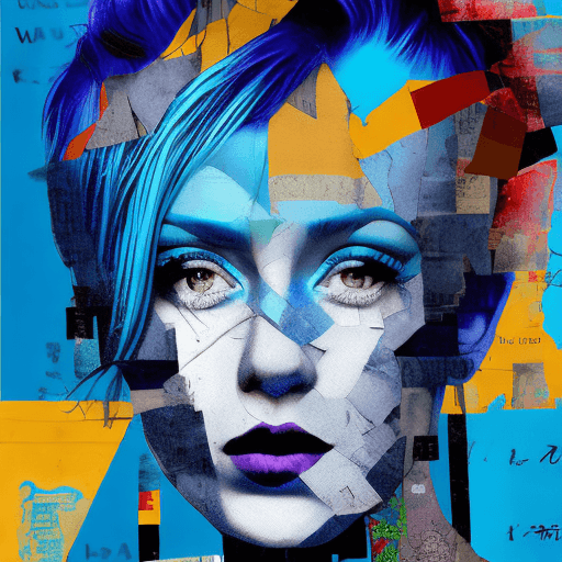 AI generated: woman with blue hair, in the style of multi-layered collages, edgy street art, celebrity-portraits, ...