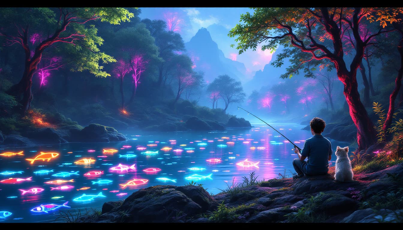AI generated: High resolution image of a neon forest and river where trees and river got integrated circuit theme....