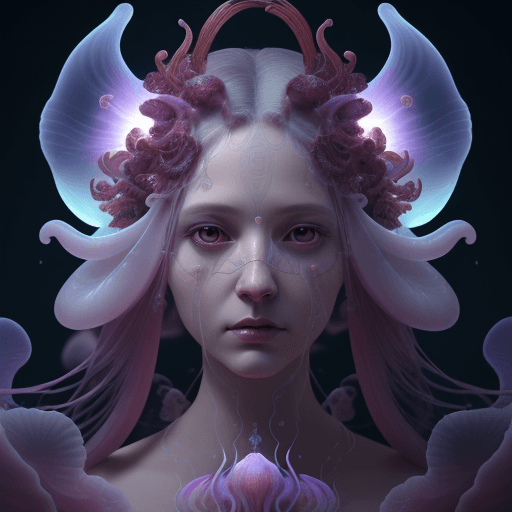 AI generated: Goddess close-up portrait ribcagel. jellyfish phoenix head, nautilus, orchid, skull, betta fish, bio...