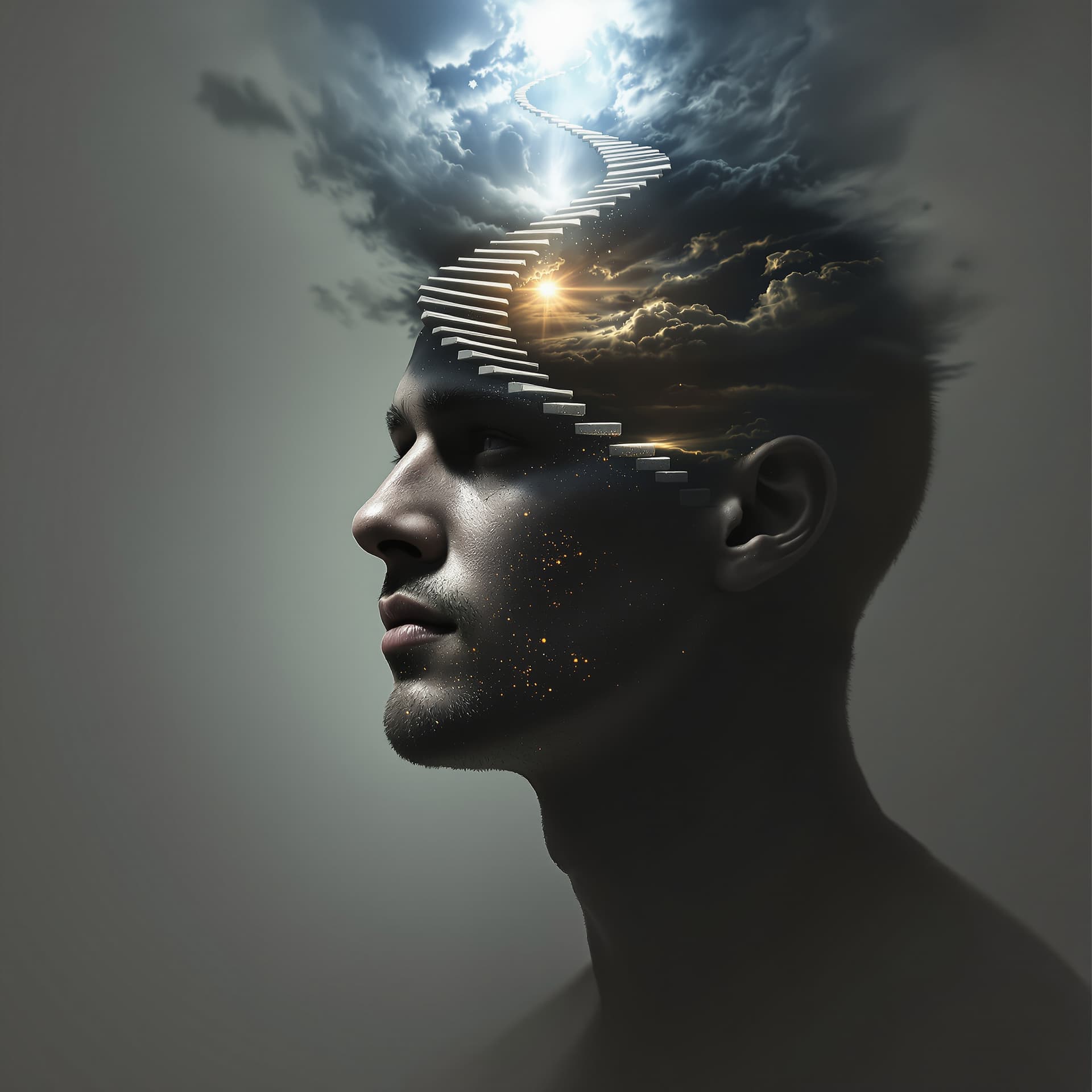 AI generated: realistic male face at a 3/4 turn view, the top of his head morphs into a spiral staircase that lead...