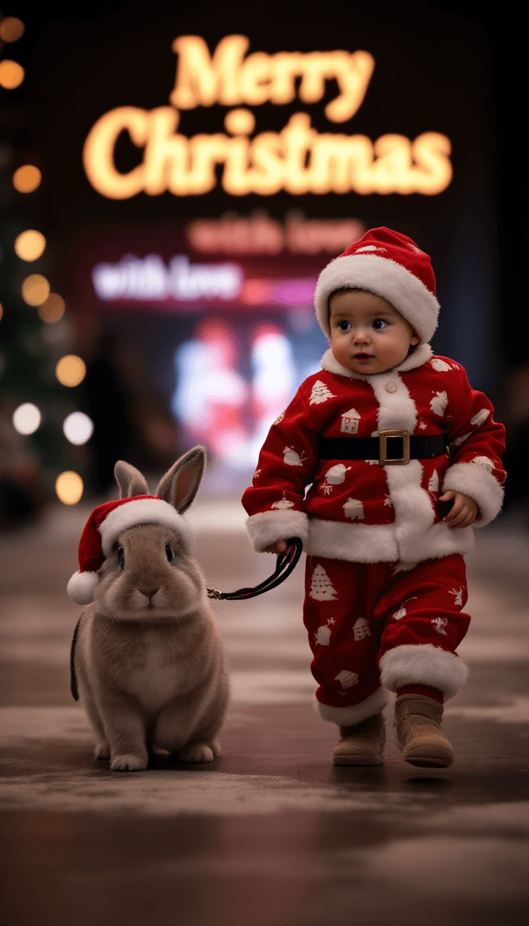 AI generated: A baby dressed in santa claus pajamas leads a pet bunny on a leash while walking at a Merry Christma...