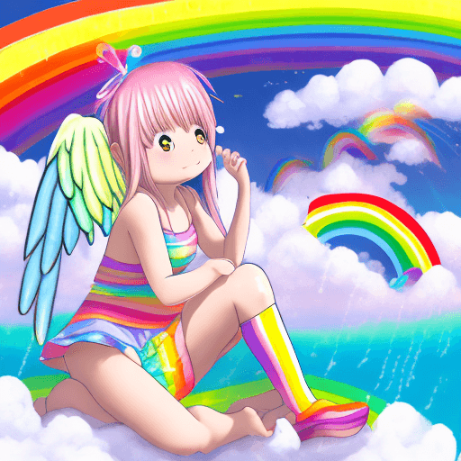 AI generated: Anatomically correct rainbow angel lolicon child with a round belly sitting down in in the clouds in...